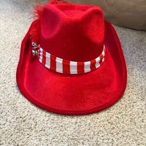 Vibrant Red Fedora Style Hat with Striped Band, Feather & Bells